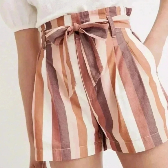 Madewell Pants - Madewell Blush tan Ivory viscose cotton linen striped paper bag waist shorts 4